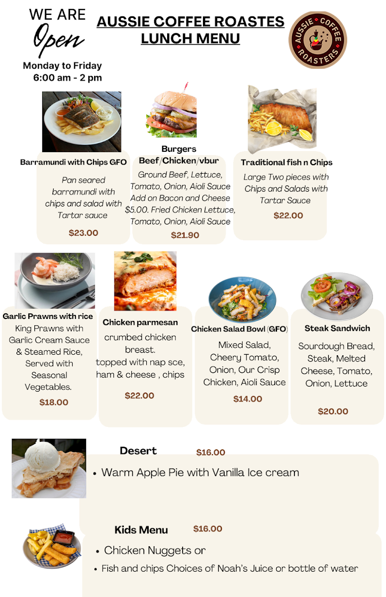 Menu, Aussie Coffee Roasters
