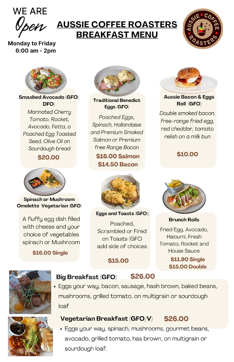 Menu, Aussie Coffee Roasters