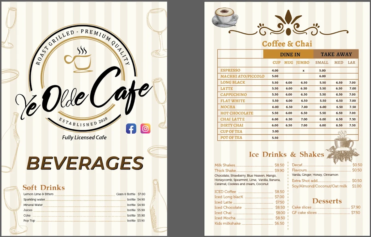 Menu, Ye Olde Cafe Minlaton
