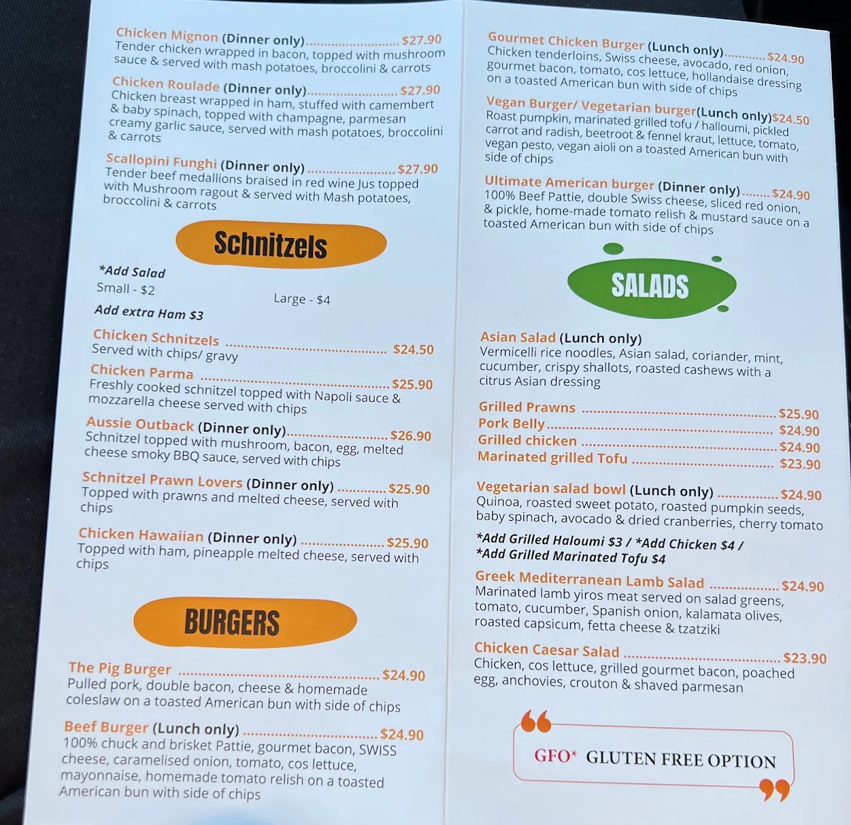 Menu, Ye Olde Cafe Minlaton