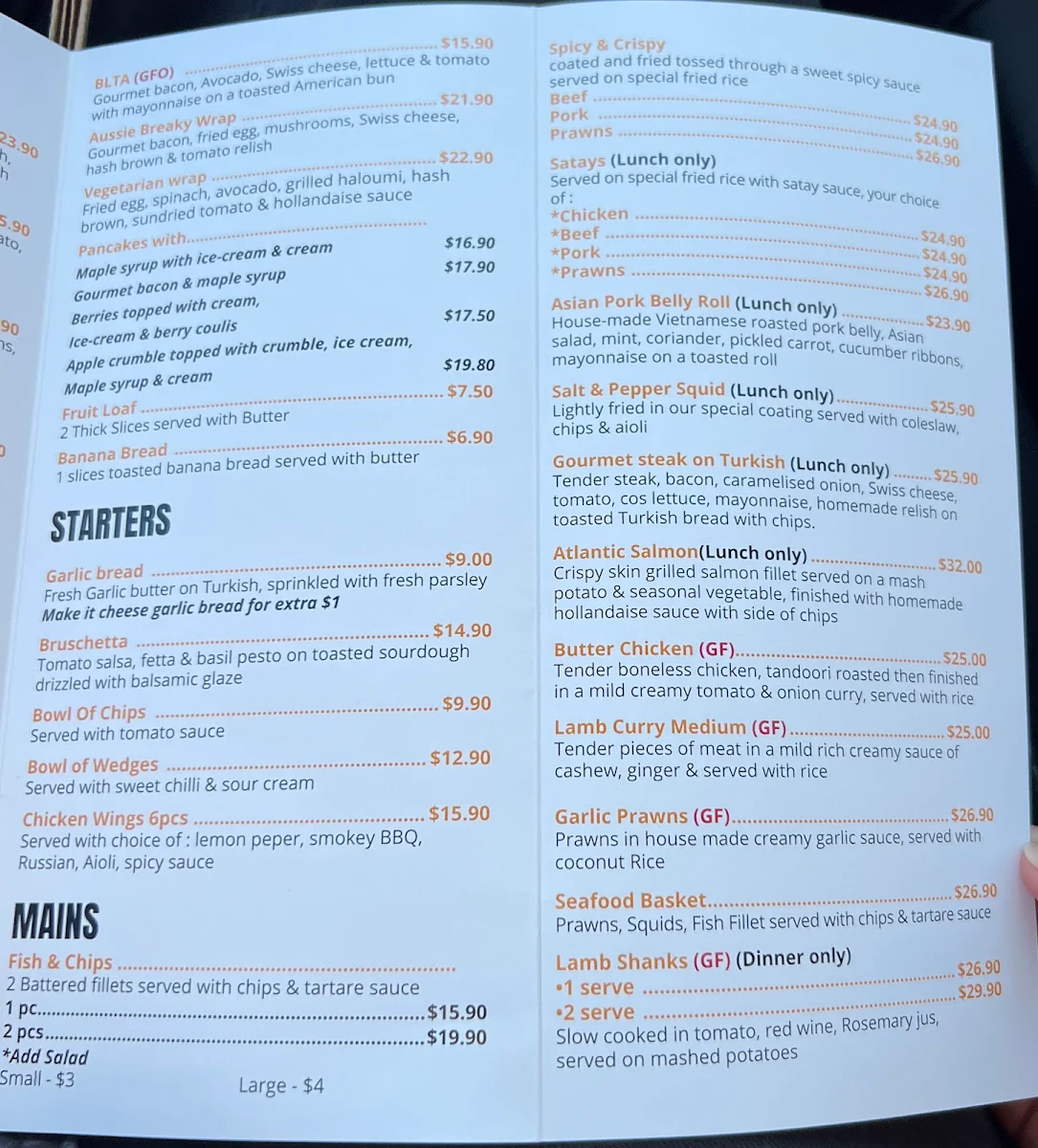 Menu, Ye Olde Cafe Minlaton