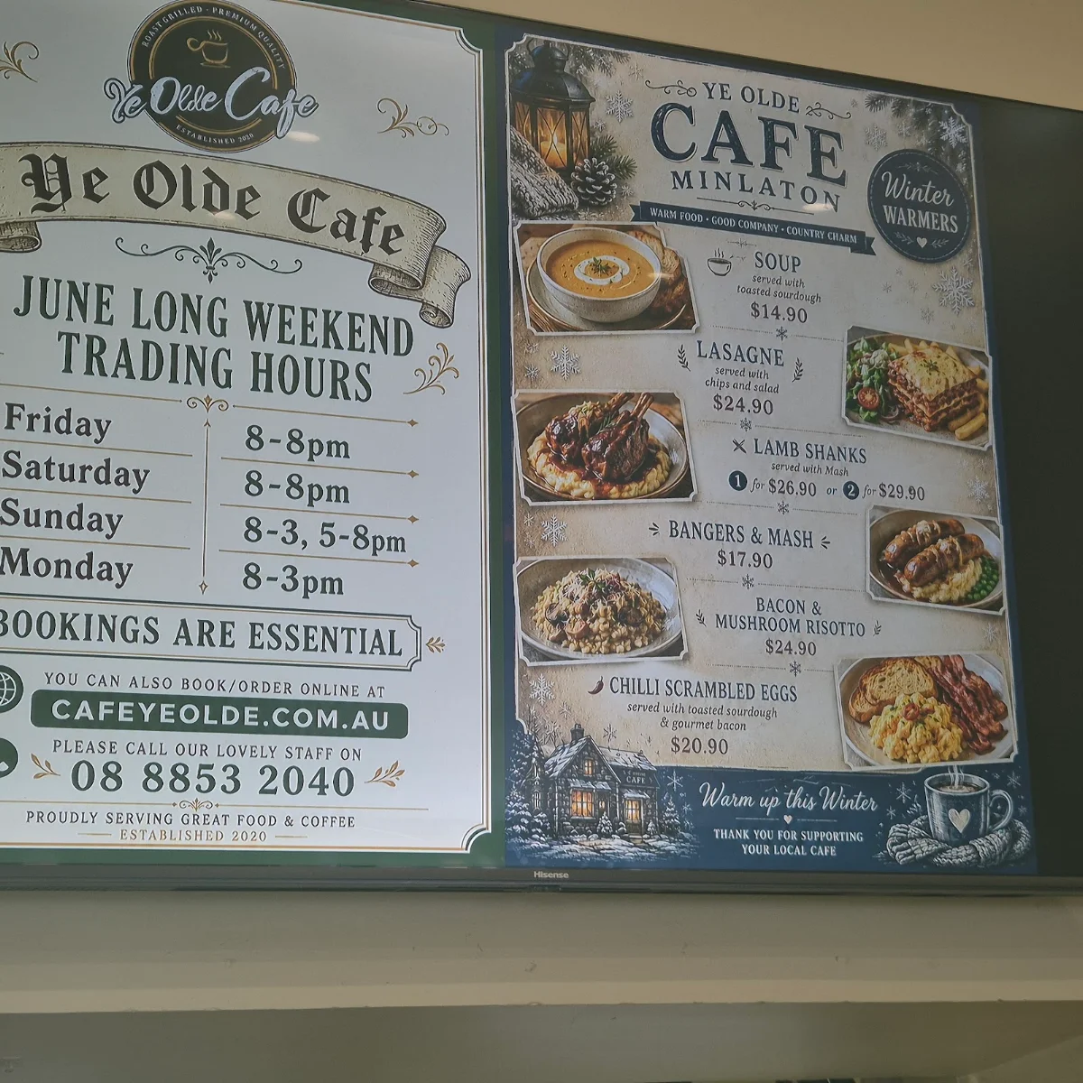 Menu, Ye Olde Cafe Minlaton