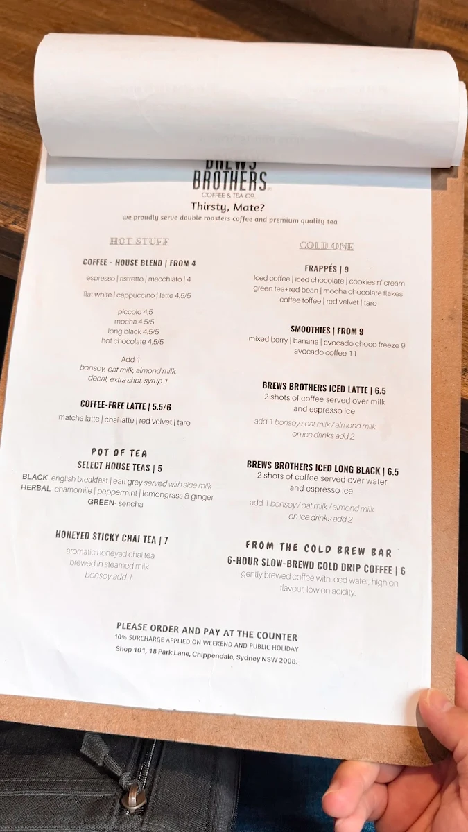 Menu, Brews Brothers Coffee & Tea Co.