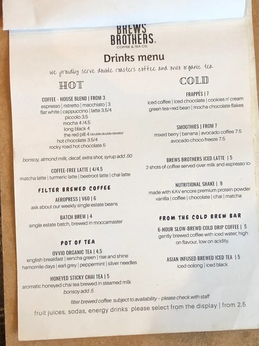 Menu, Brews Brothers Coffee & Tea Co.
