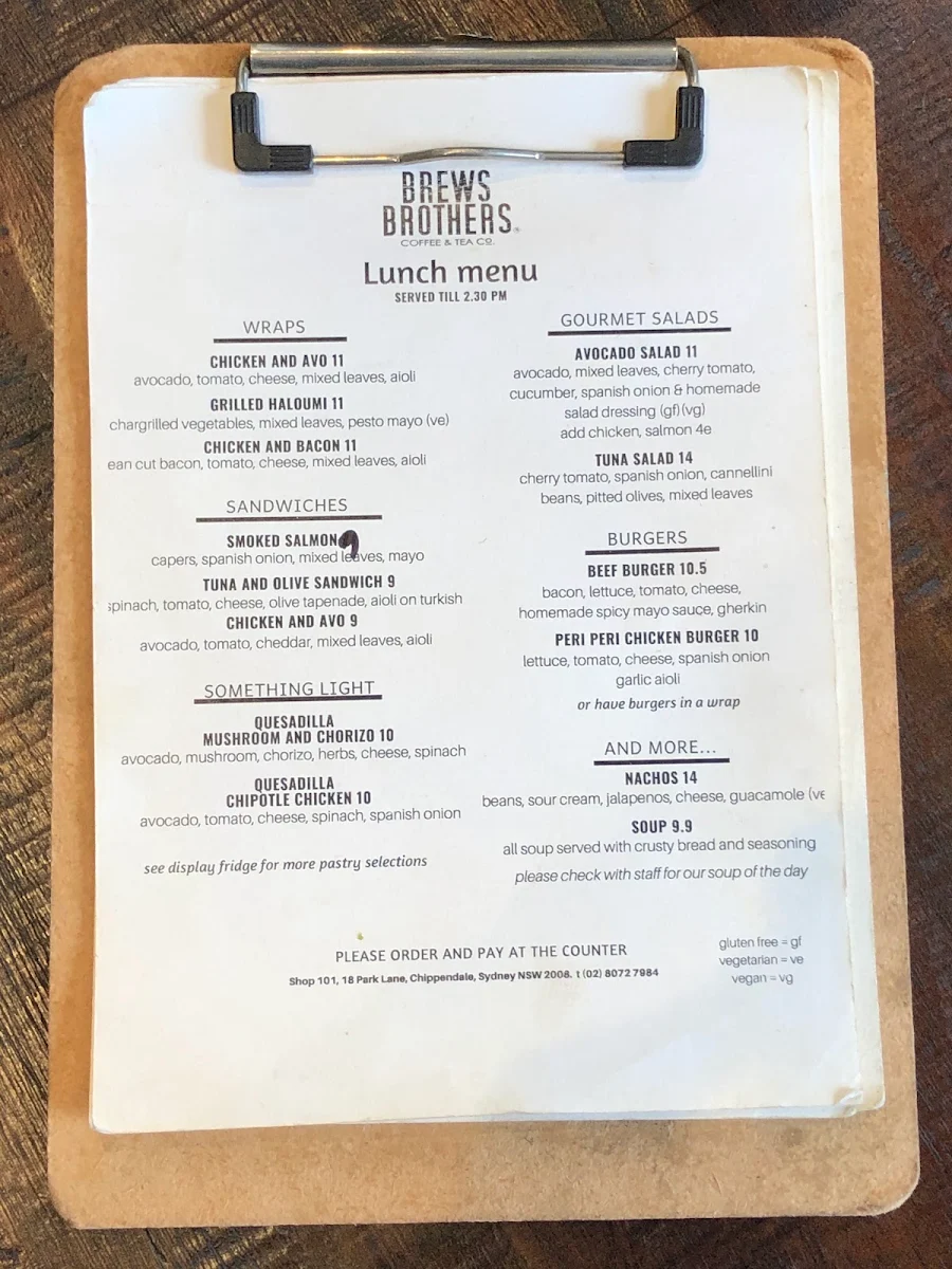Menu, Brews Brothers Coffee & Tea Co.