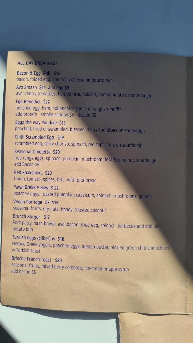 Menu, Yawn Coffee Project