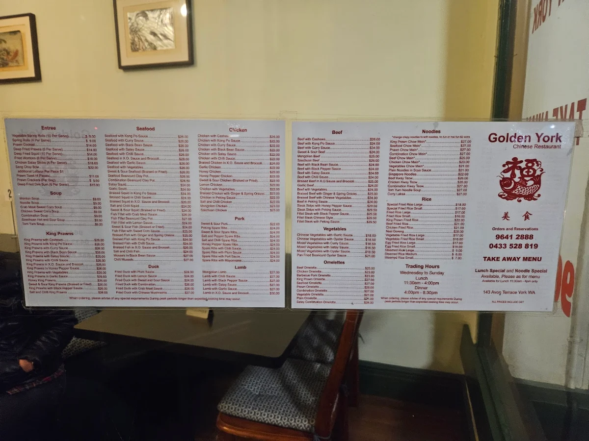 Menu, Golden York Chinese Restaurant