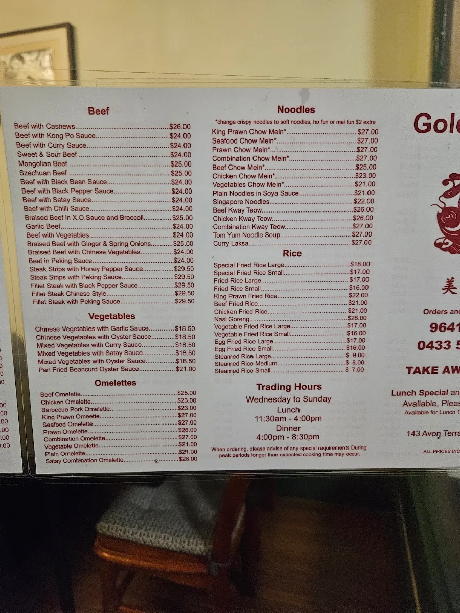 Menu, Golden York Chinese Restaurant
