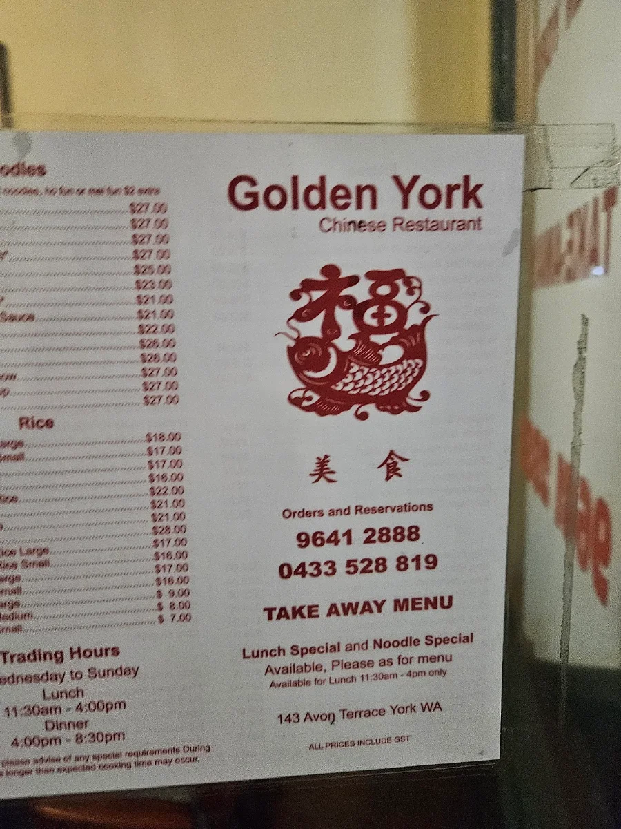 Menu, Golden York Chinese Restaurant