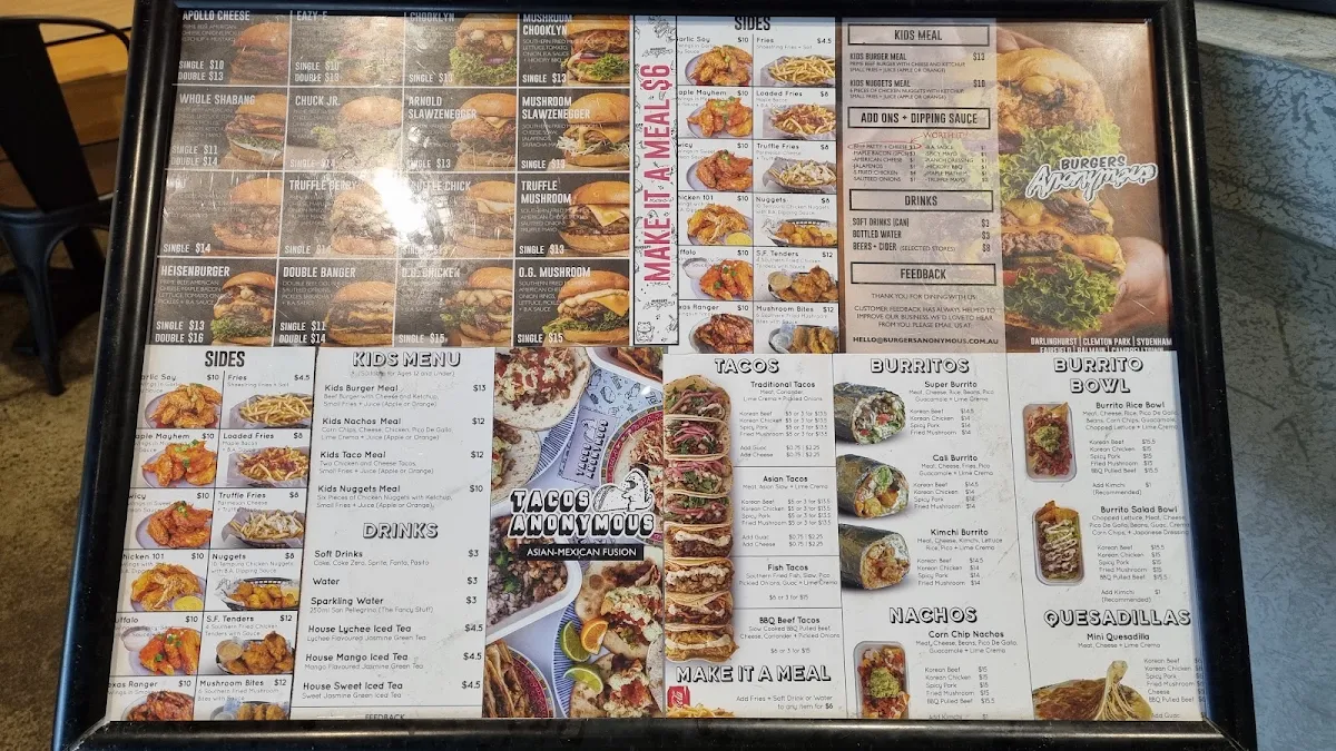 Menu, Burgers Anonymous x Tacos Anonymous