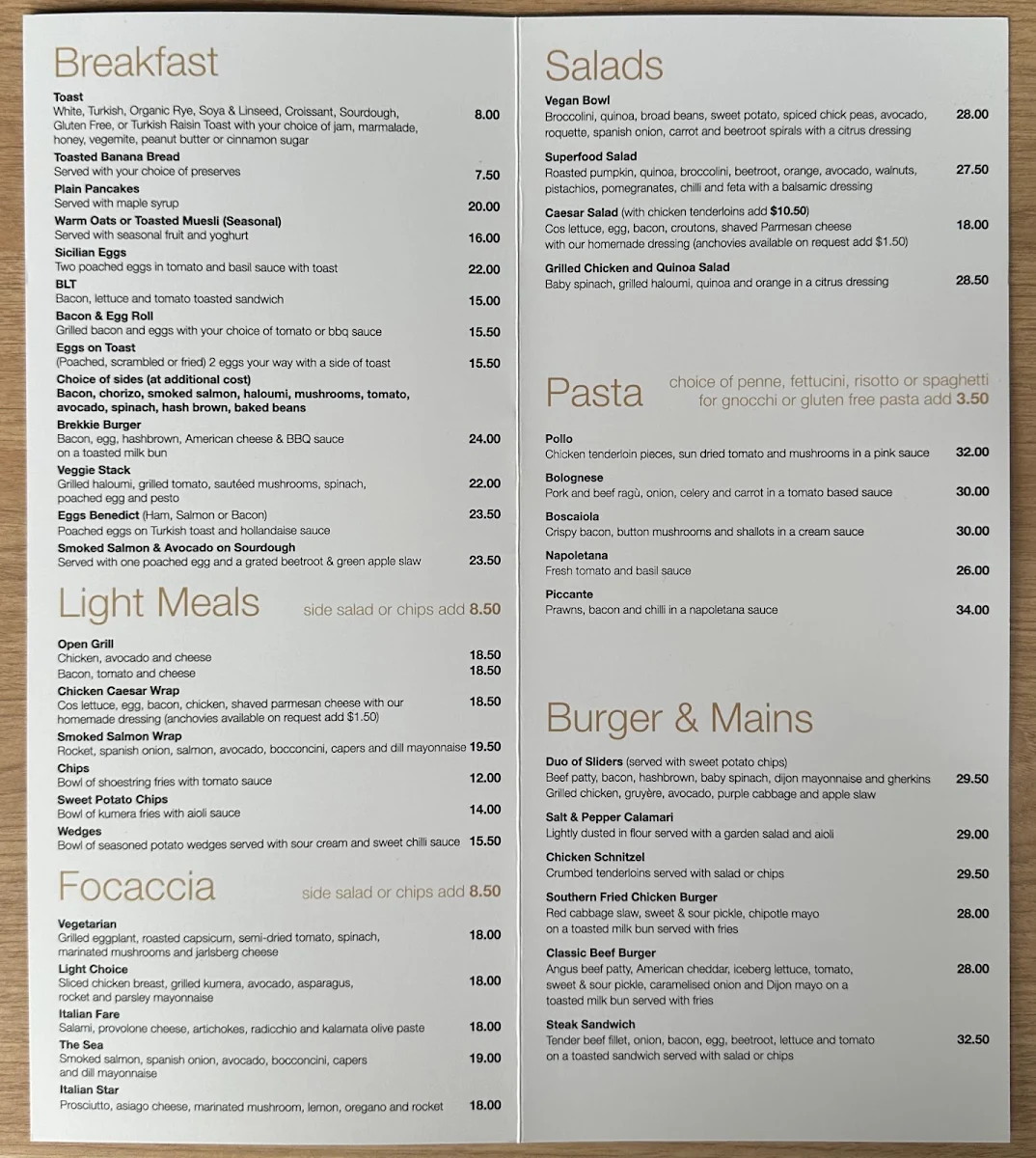 Menu, Trovatino Cafe