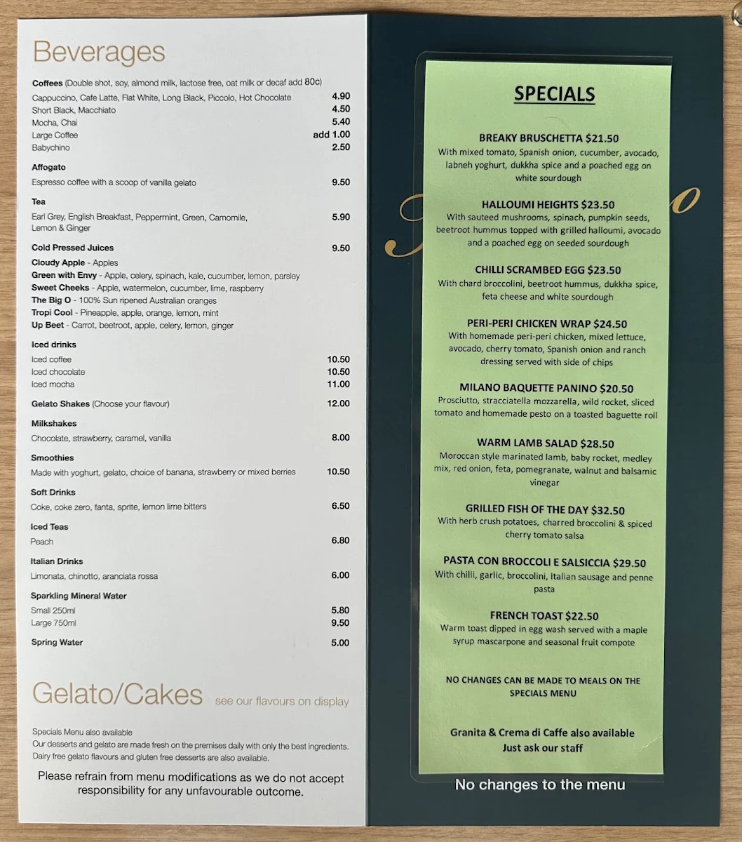 Menu, Trovatino Cafe