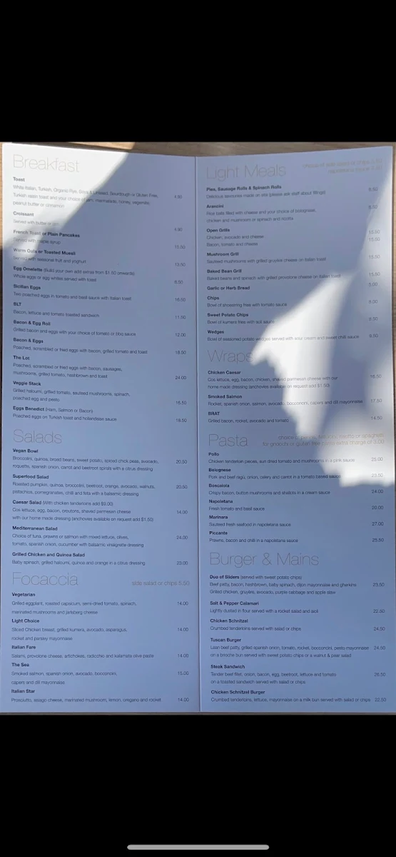 Menu, Trovatino Cafe