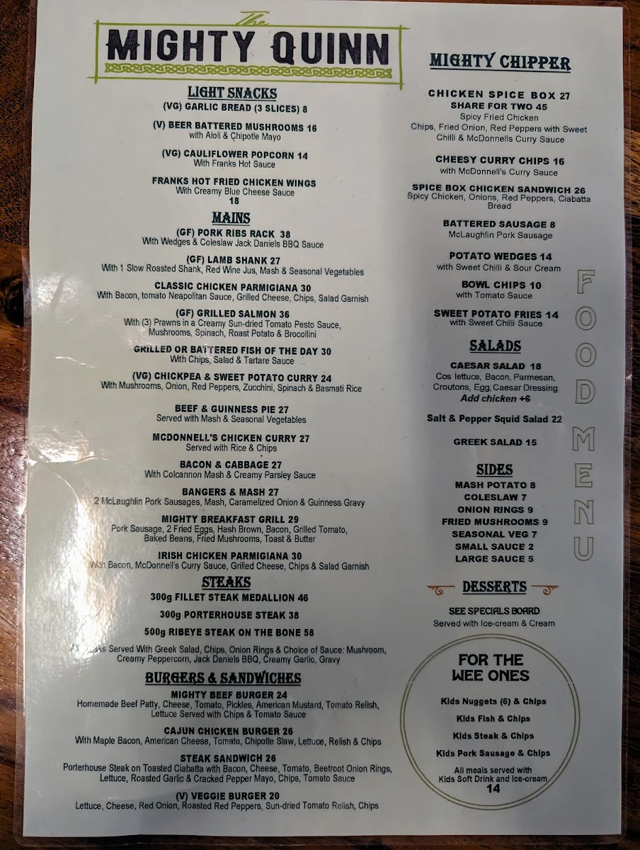 Menu, The Mighty Quinn Tavern