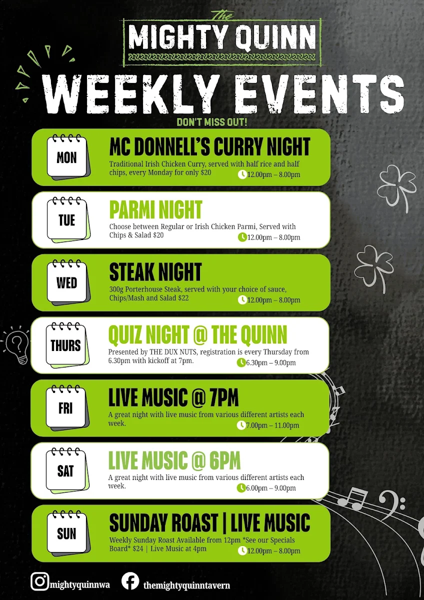 Menu, The Mighty Quinn Tavern