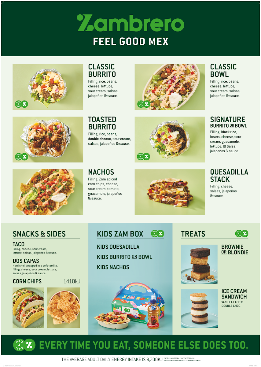 Menu, Zambrero North Hobart