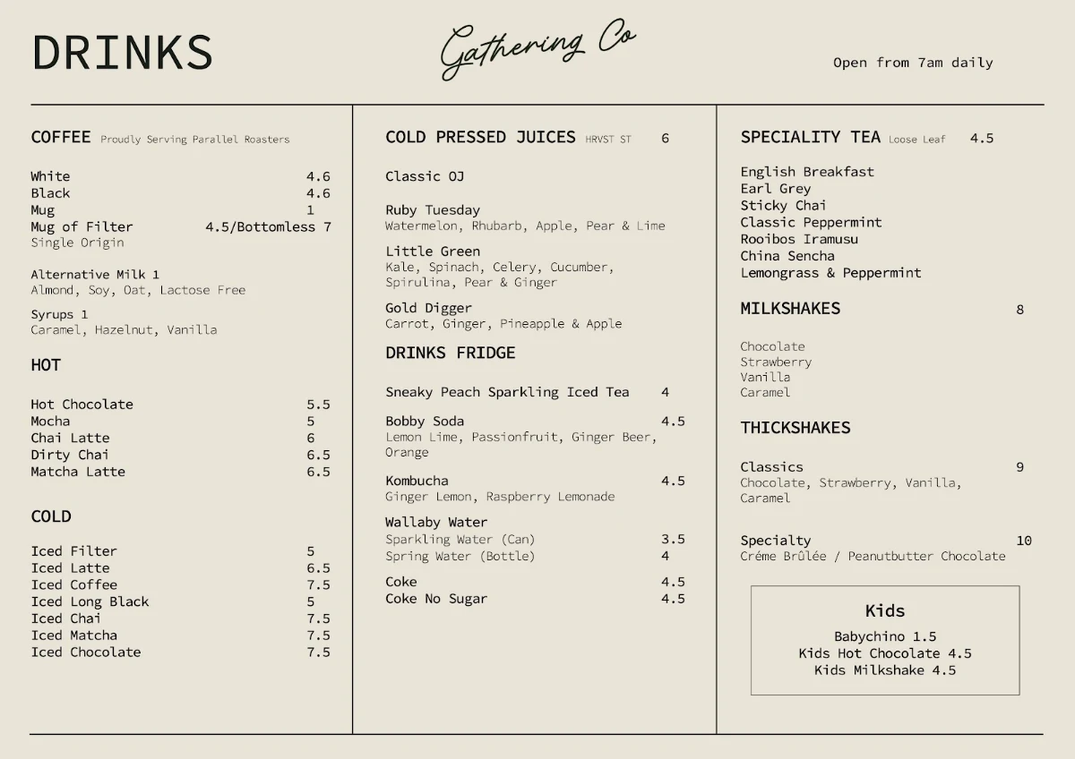 Menu, Gathering Co. Cafe