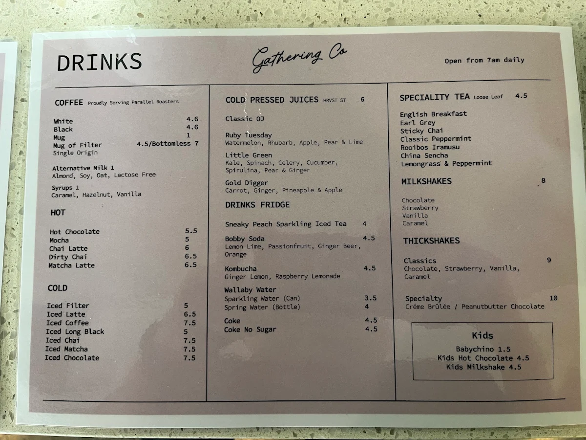 Menu, Gathering Co. Cafe