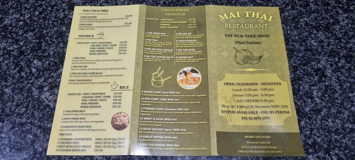Menu, Mai Thai Restaurant NSW