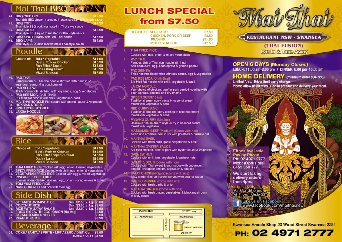 Menu, Mai Thai Restaurant NSW