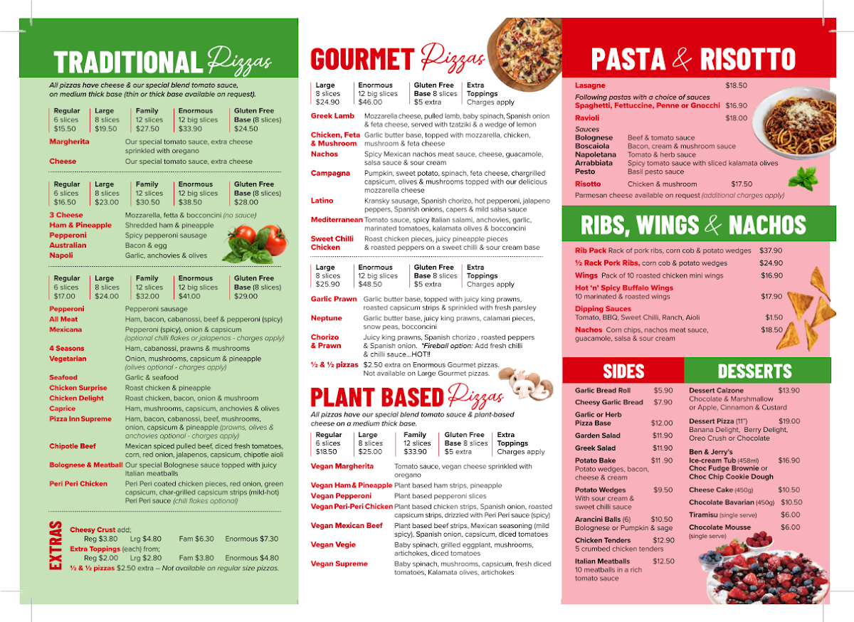 Menu, Pizza Inn Emu Plains
