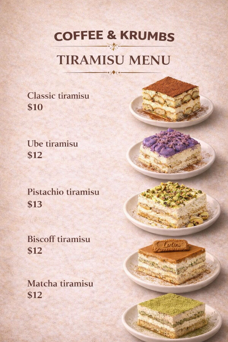 Menu, coffee & krumbs