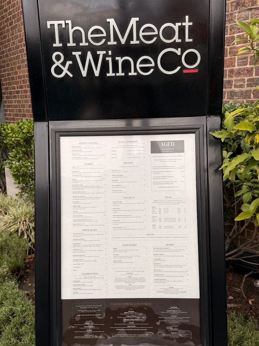 Menu, The Meat & Wine Co Hawthorn East