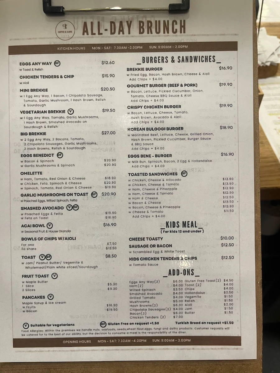 Menu, COPPER & CLOVE CAFÉ