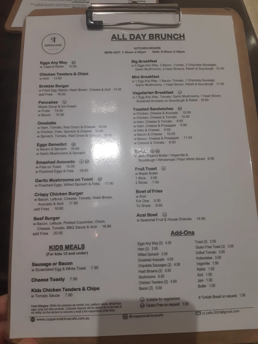 Menu, COPPER & CLOVE CAFÉ