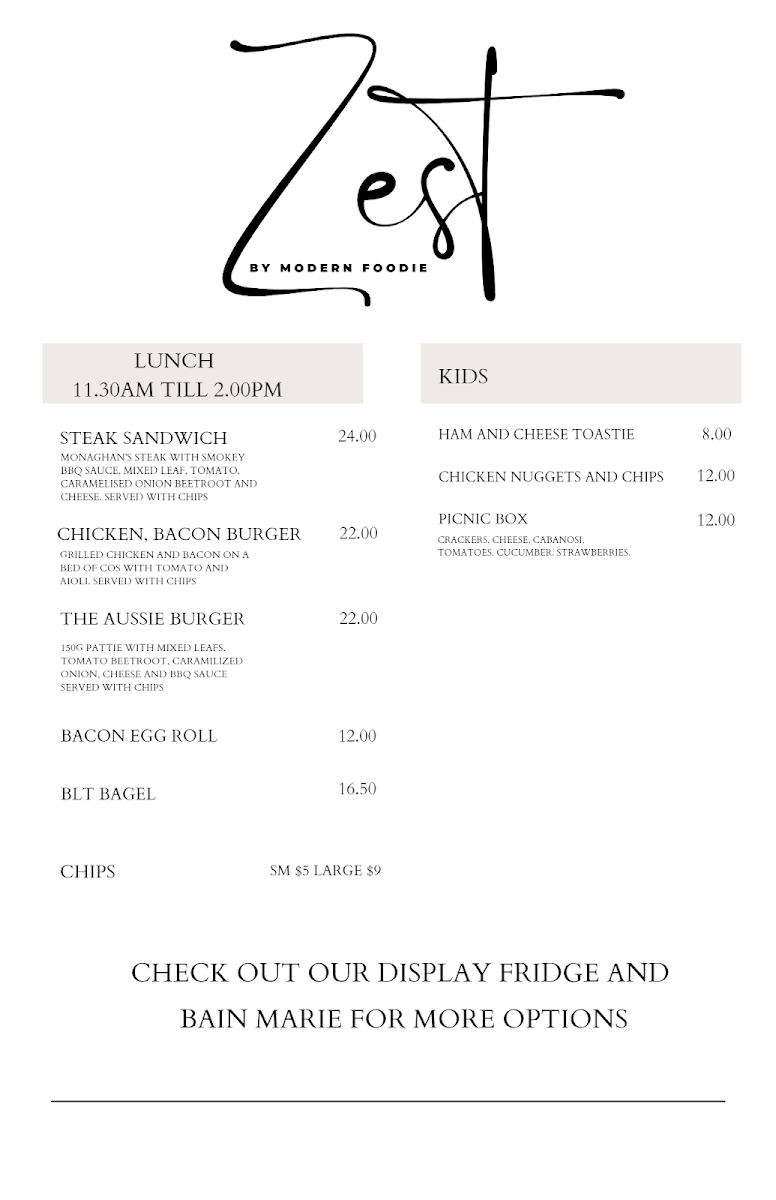 Menu, Zest by Modern Foodie