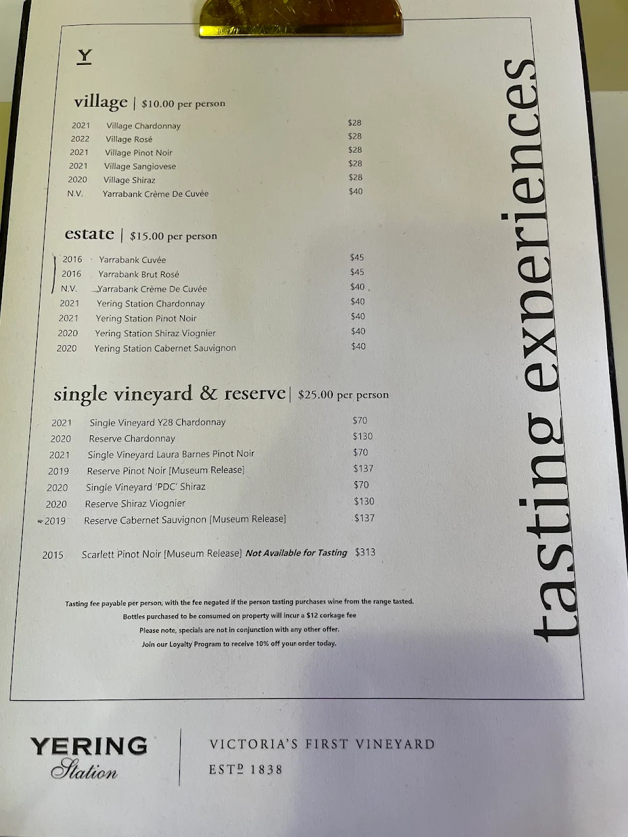 Menu, Yering Station Cellar Door & Tasting