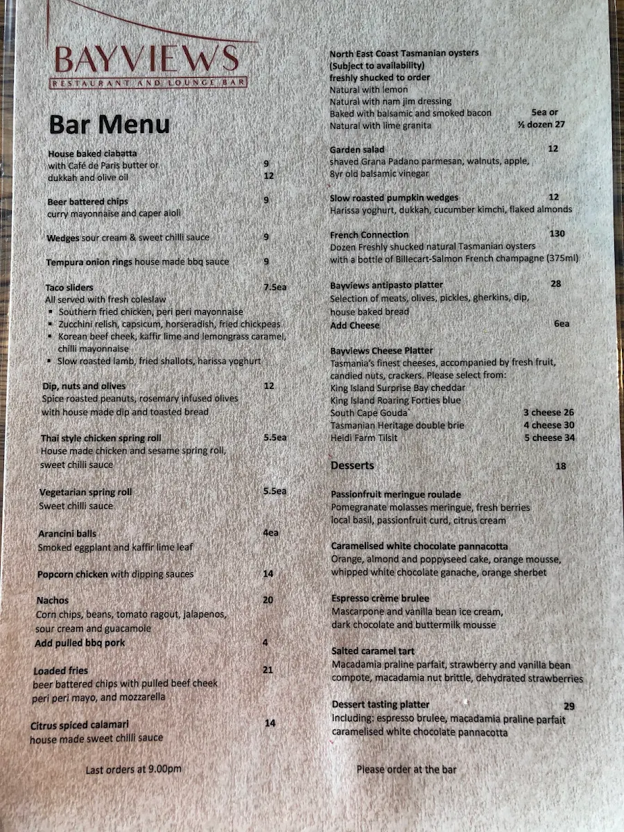 Menu, Bayviews Restaurant & Lounge Bar