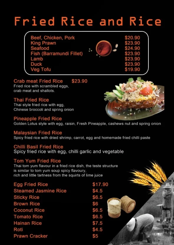 Menu, Golden Lotus Asian Cuisine