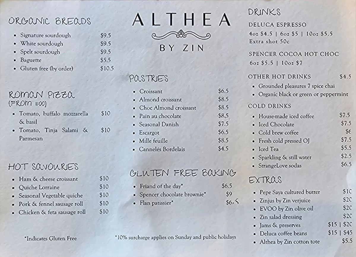 Menu, Althea by Zin