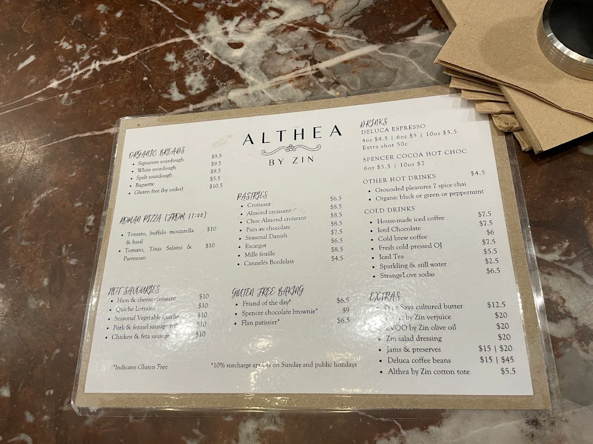Menu, Althea by Zin