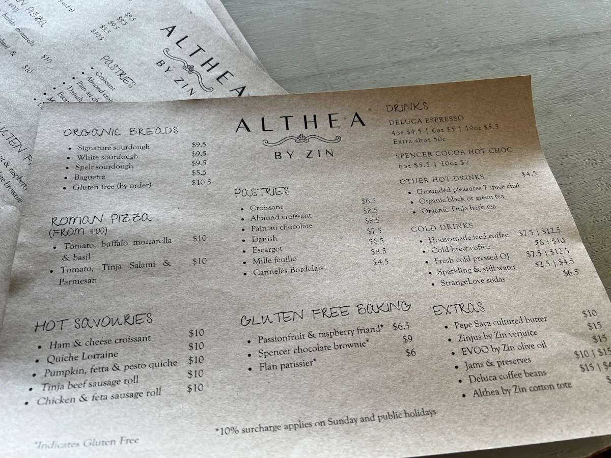 Menu, Althea by Zin