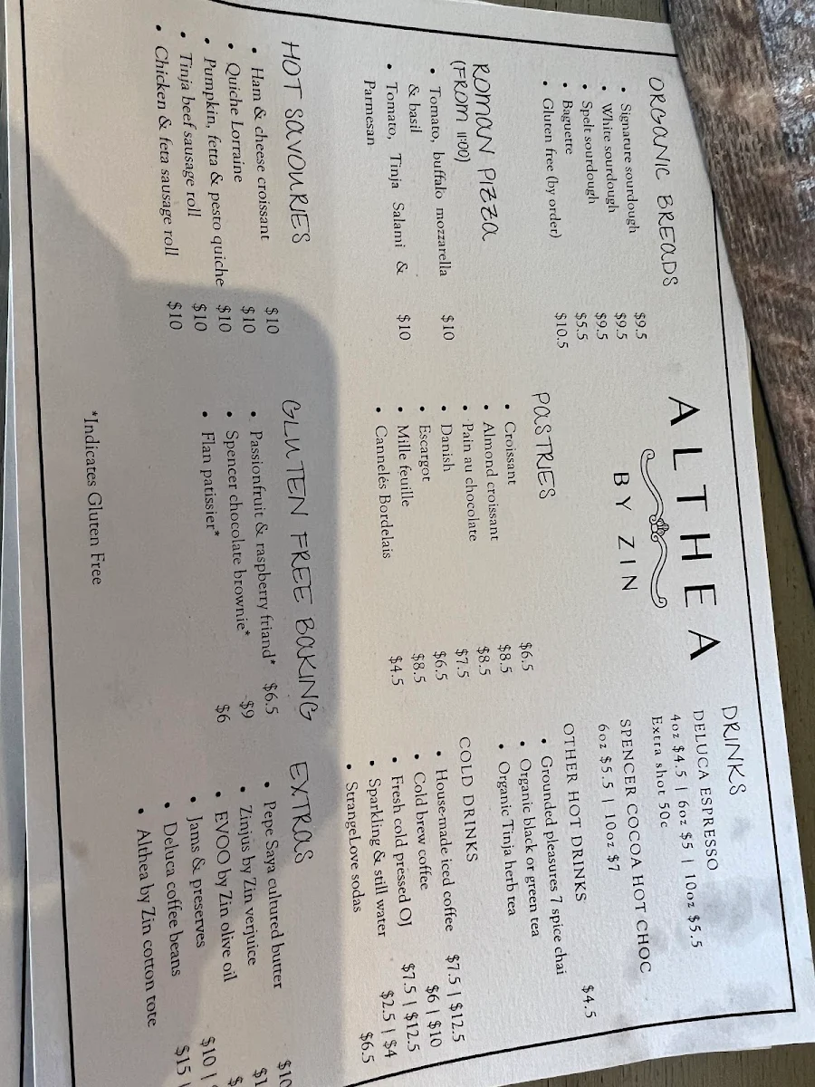 Menu, Althea by Zin