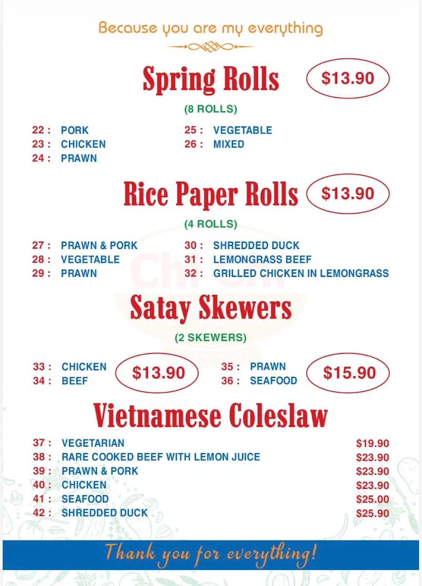 Menu, Chi Chi Vietnamese Restaurant