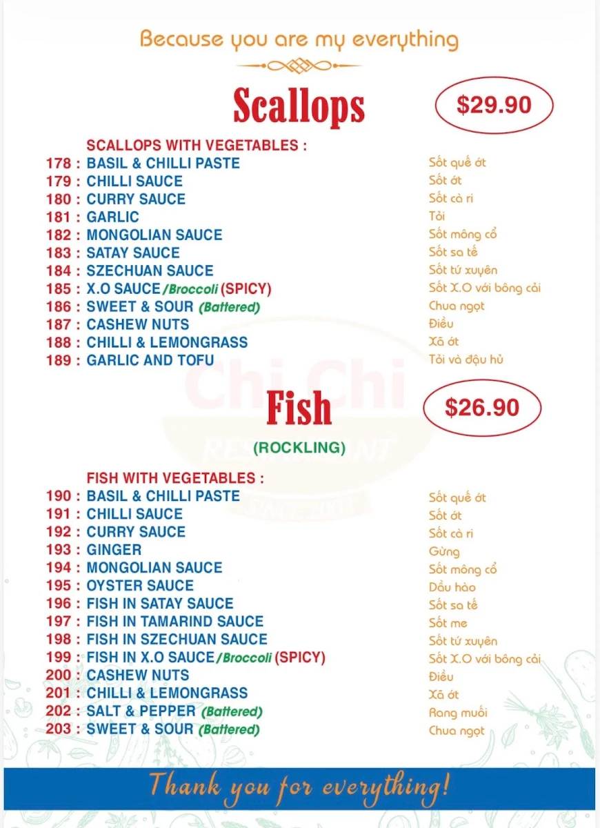 Menu, Chi Chi Vietnamese Restaurant