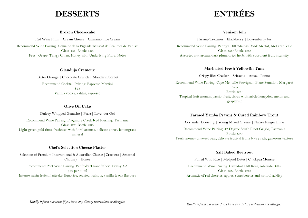 Menu, Echoes Restaurant & Bar