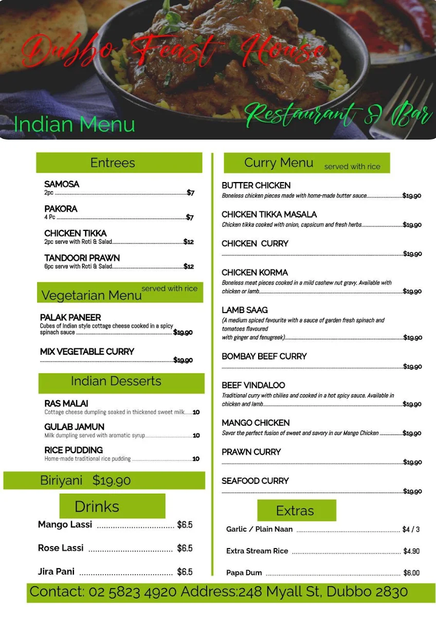 Menu, Dubbo Feast House
