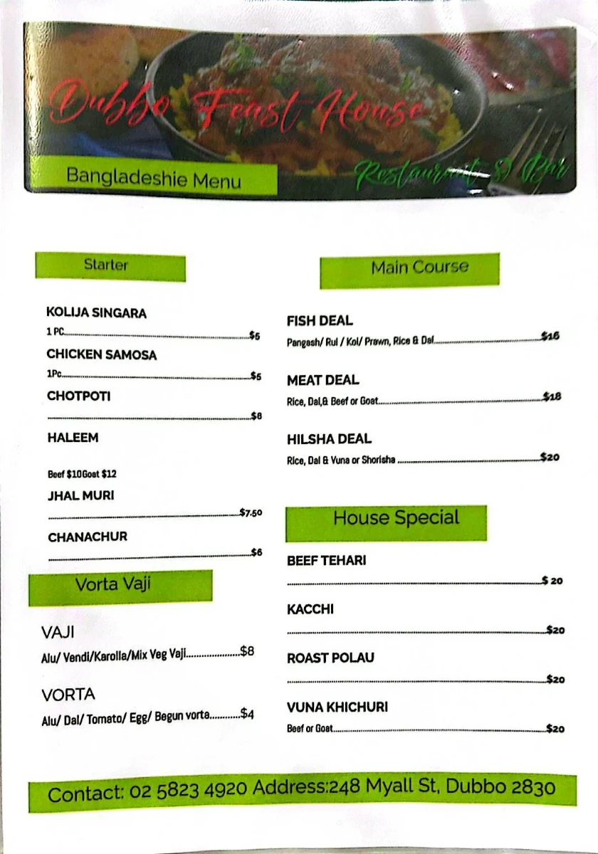 Menu, Dubbo Feast House