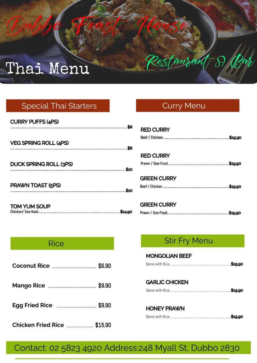 Menu, Dubbo Feast House
