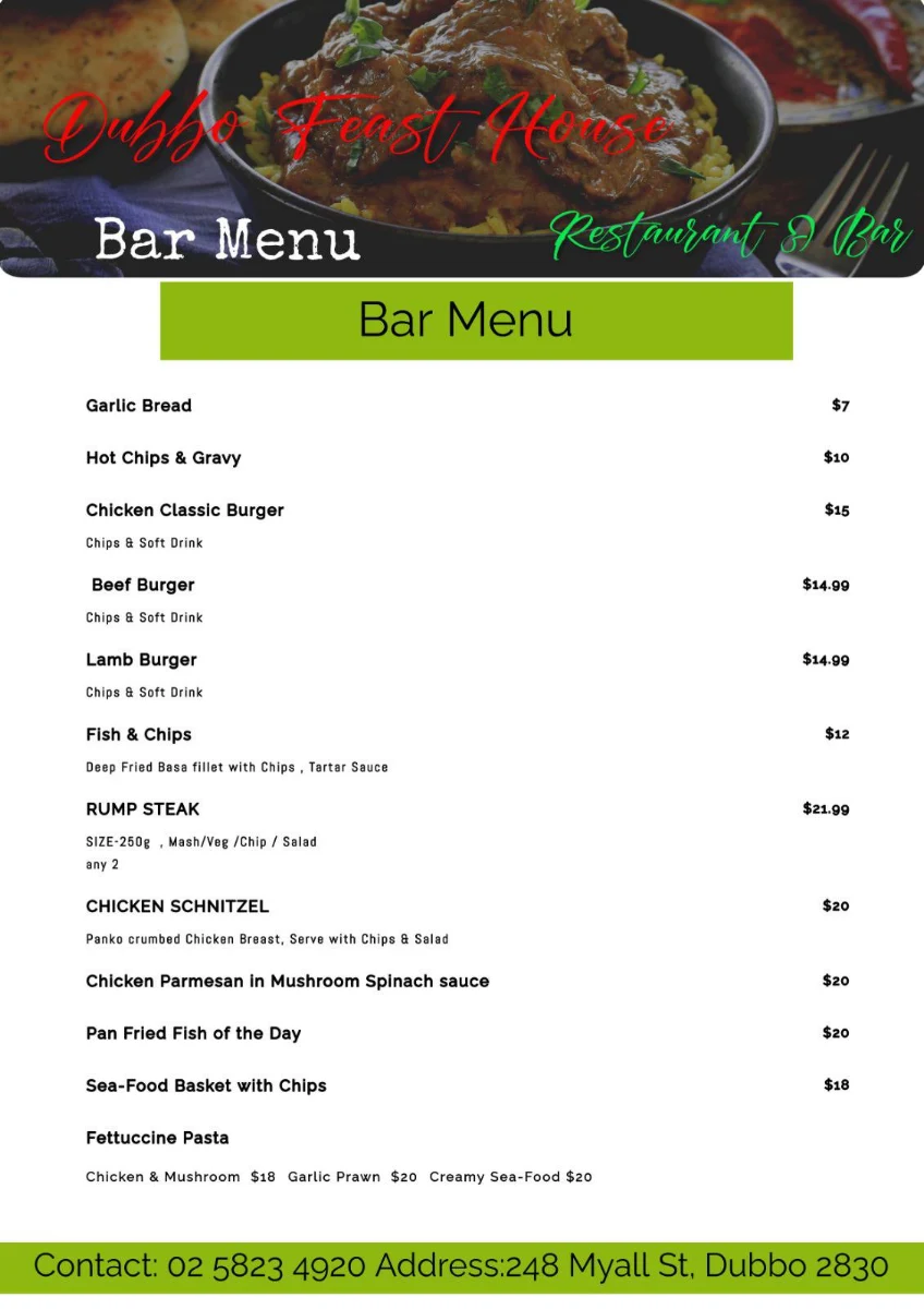Menu, Dubbo Feast House