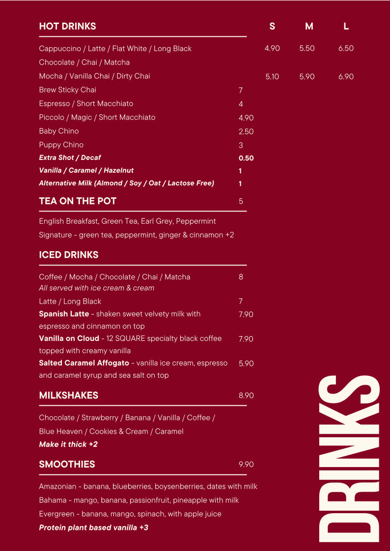 Menu, 12 Square Cafe