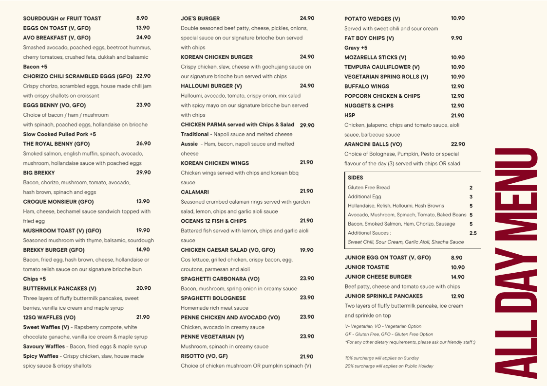 Menu, 12 Square Cafe