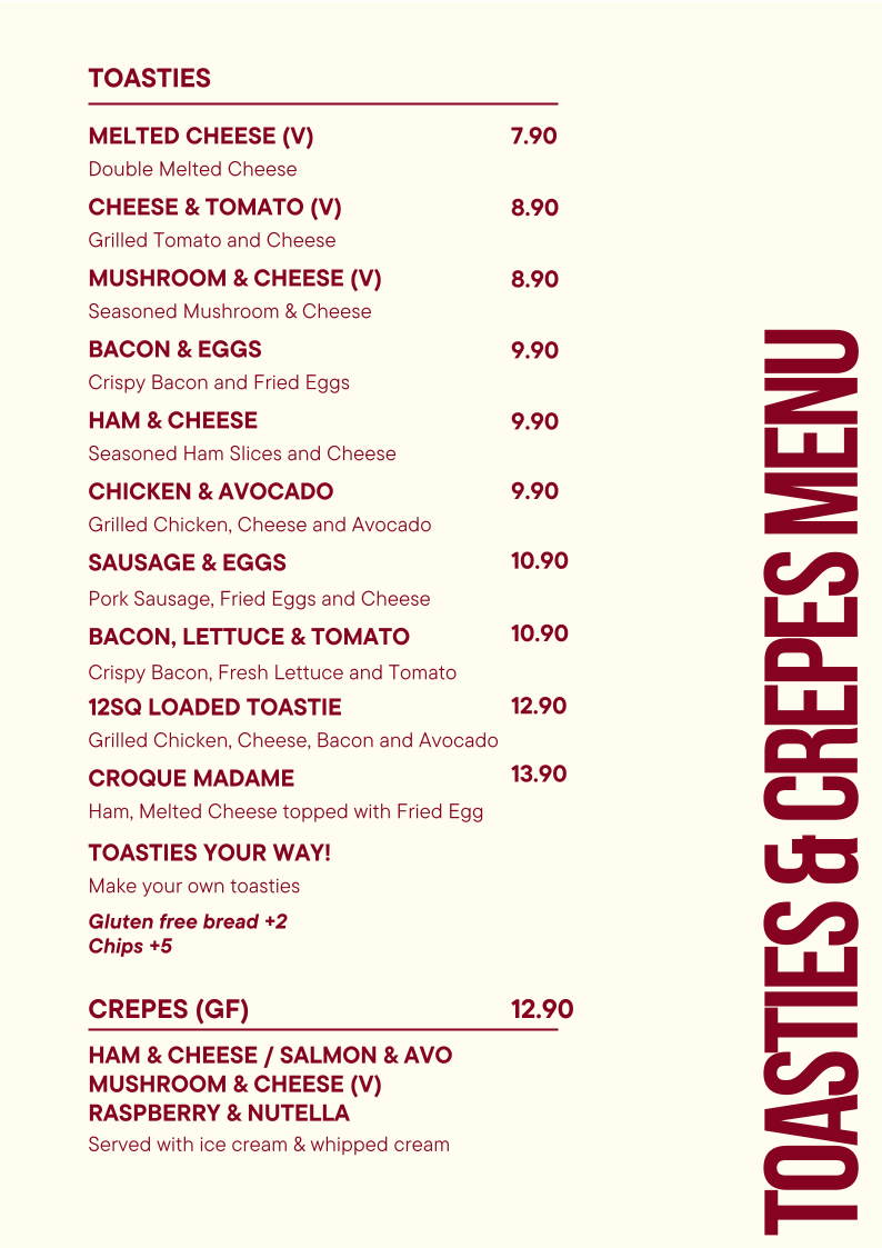Menu, 12 Square Cafe