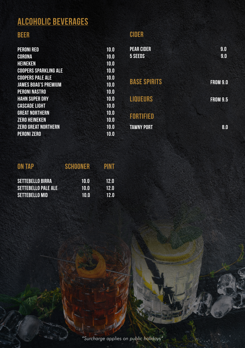 Menu, Cafe Settebello