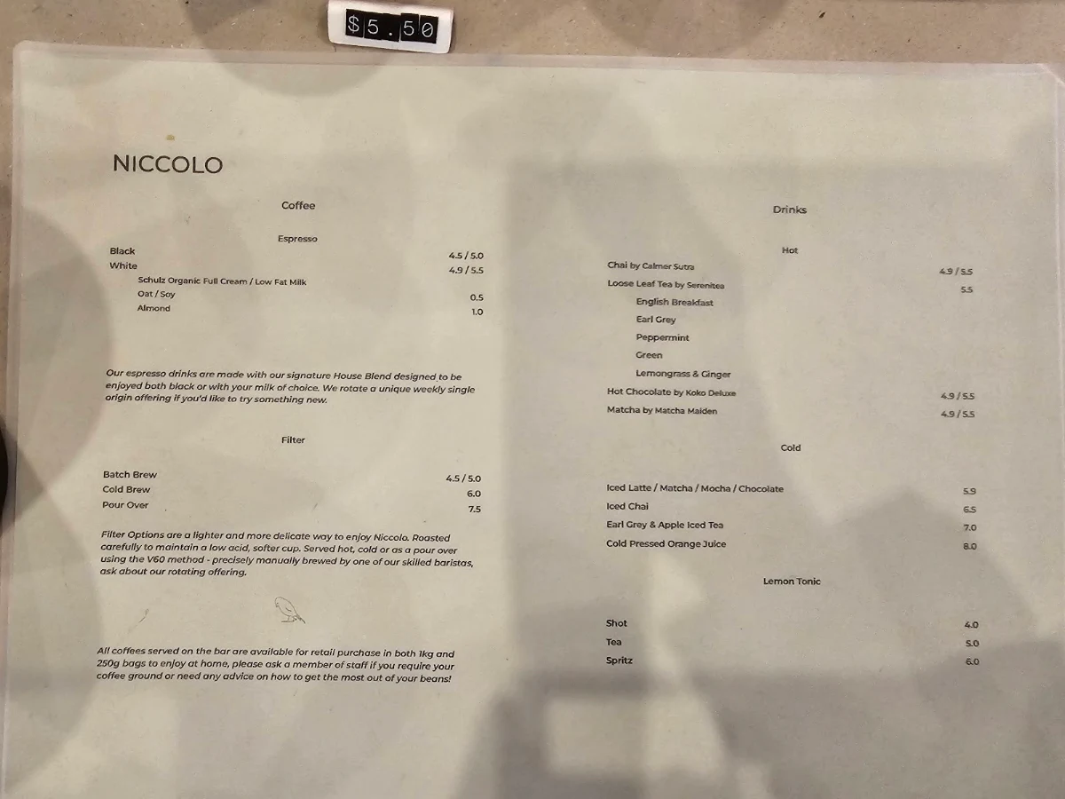 Menu, Niccolo Coffee