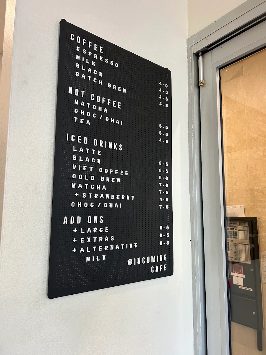 Menu, Incoming Cafe